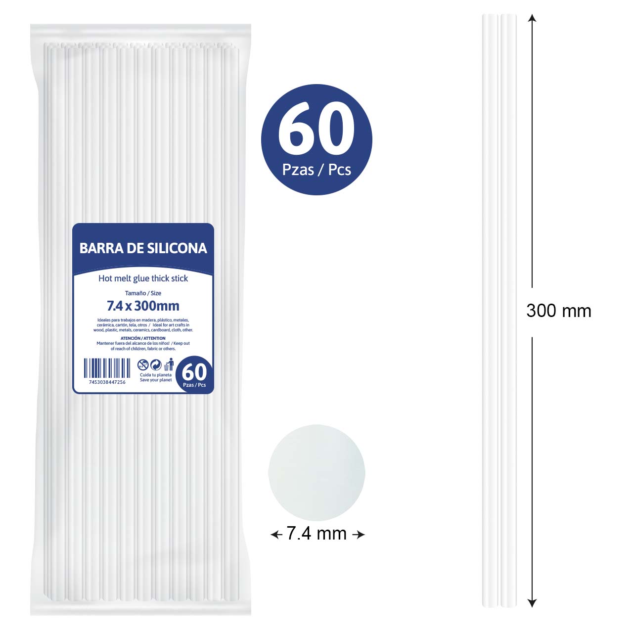 Barras de Silicona Gruesas 7.4 x 300 mm – 60 Piezas