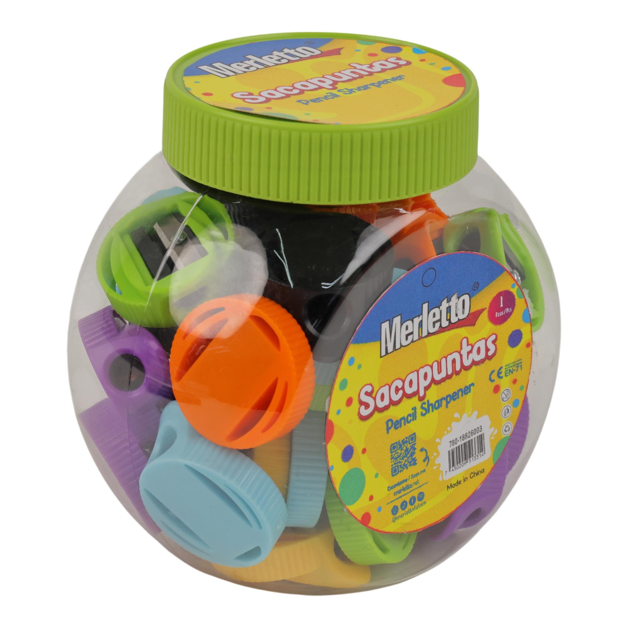 Sacapuntas Merletto en Frasco – Colores Surtidos – Afilador Escolar Resistente