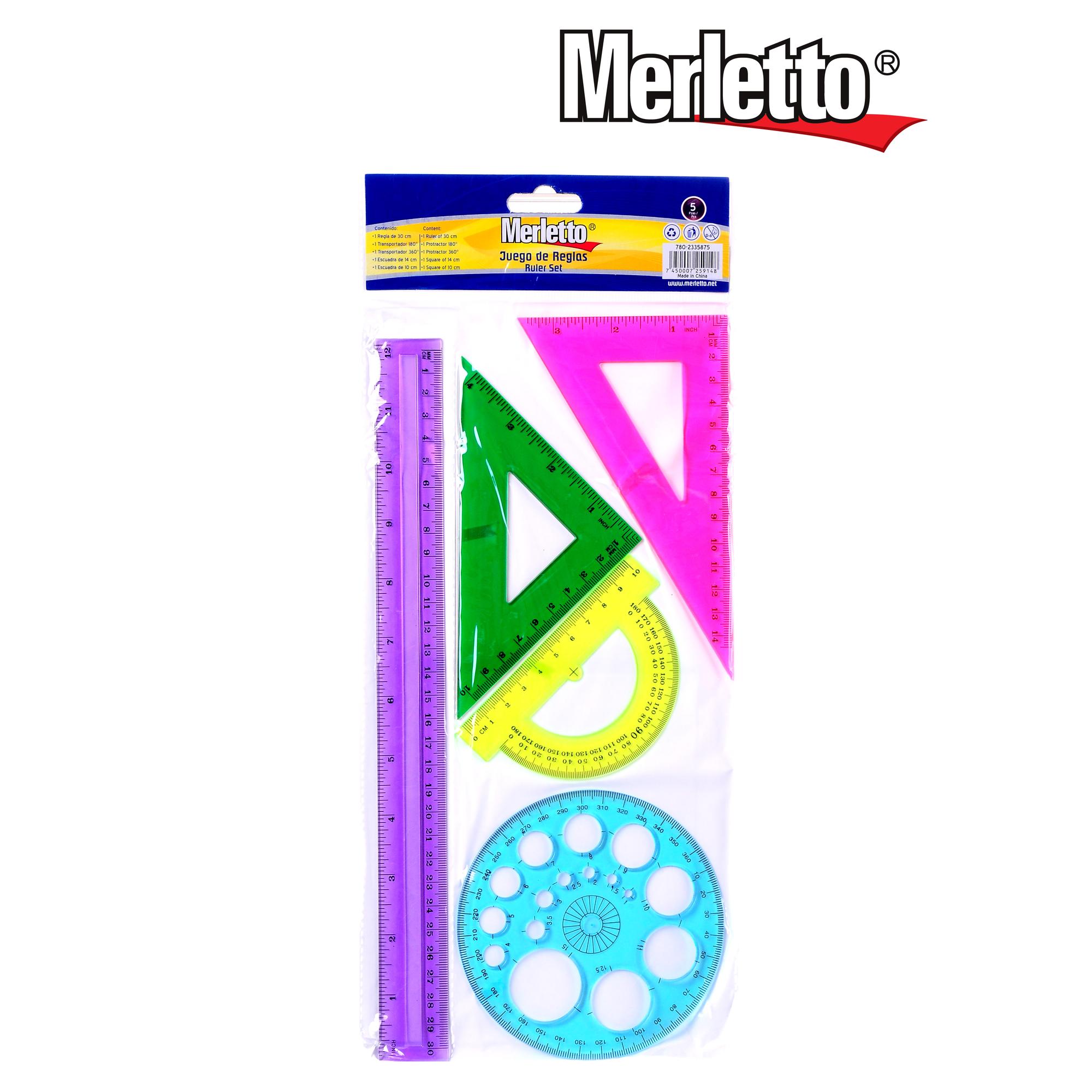 Juego de Reglas Merletto Multicolor – Set de 5 piezas para dibujo técnico y uso escolar