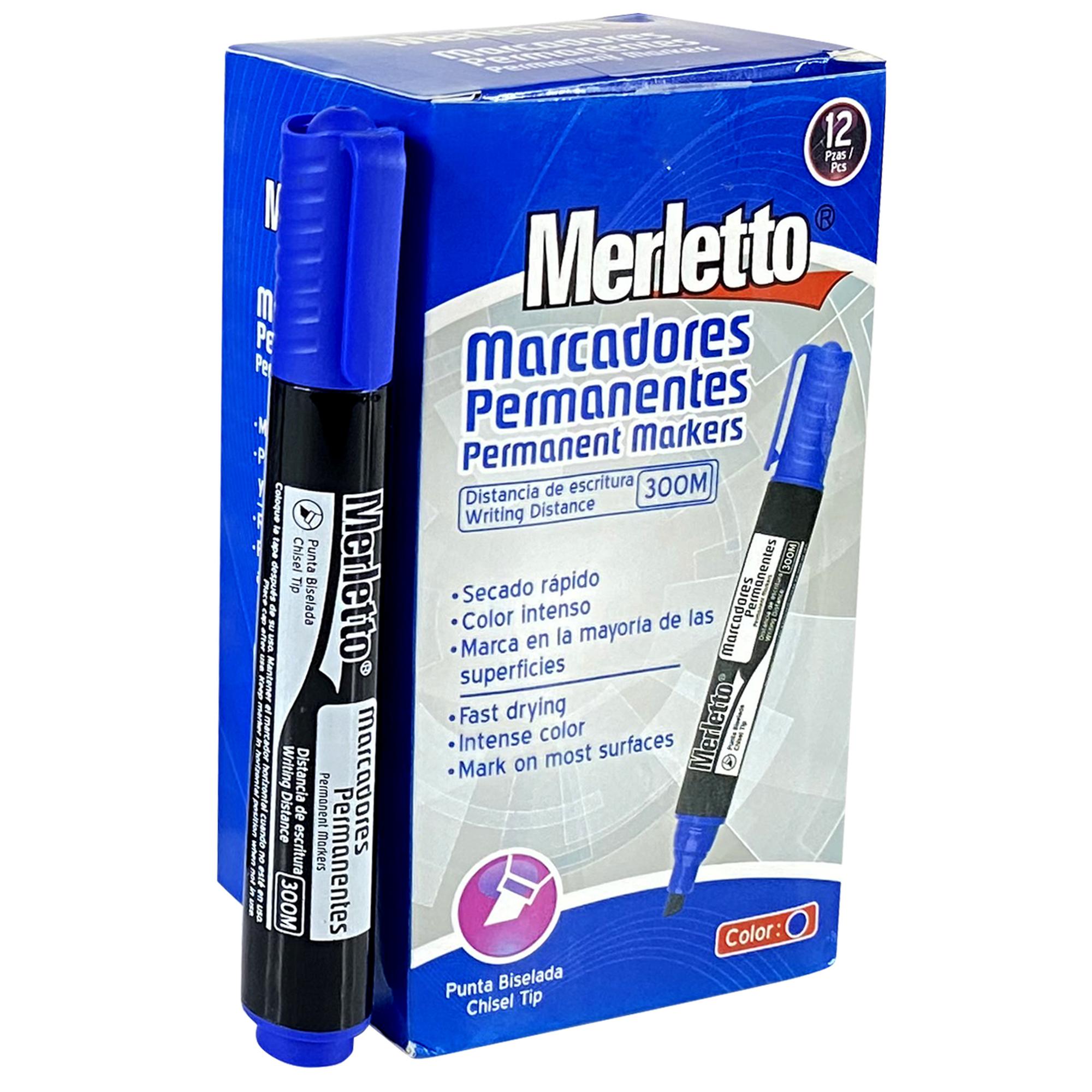 Marcadores Permanentes Merletto – Punta Biselada – Color Azul – Caja de 12 Unidades