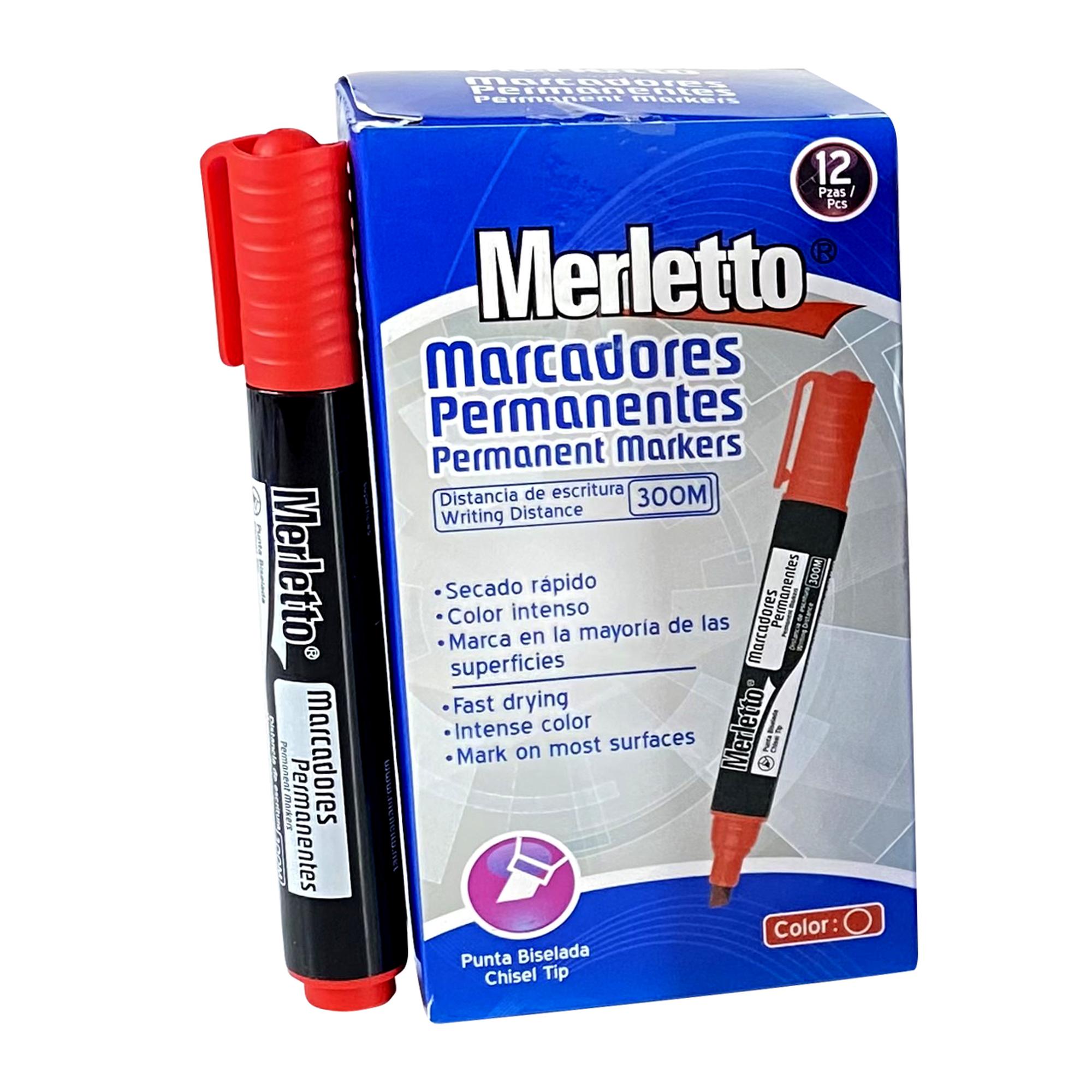 Marcadores Permanentes Merletto – Punta Biselada – Color Rojo – Caja de 12 Unidades
