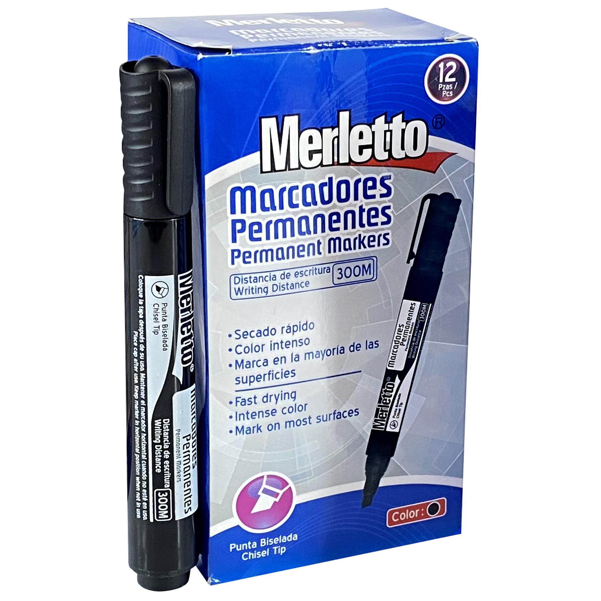 Marcadores Permanentes Merletto – Punta Biselada – Color Negro – Caja de 12 Unidades