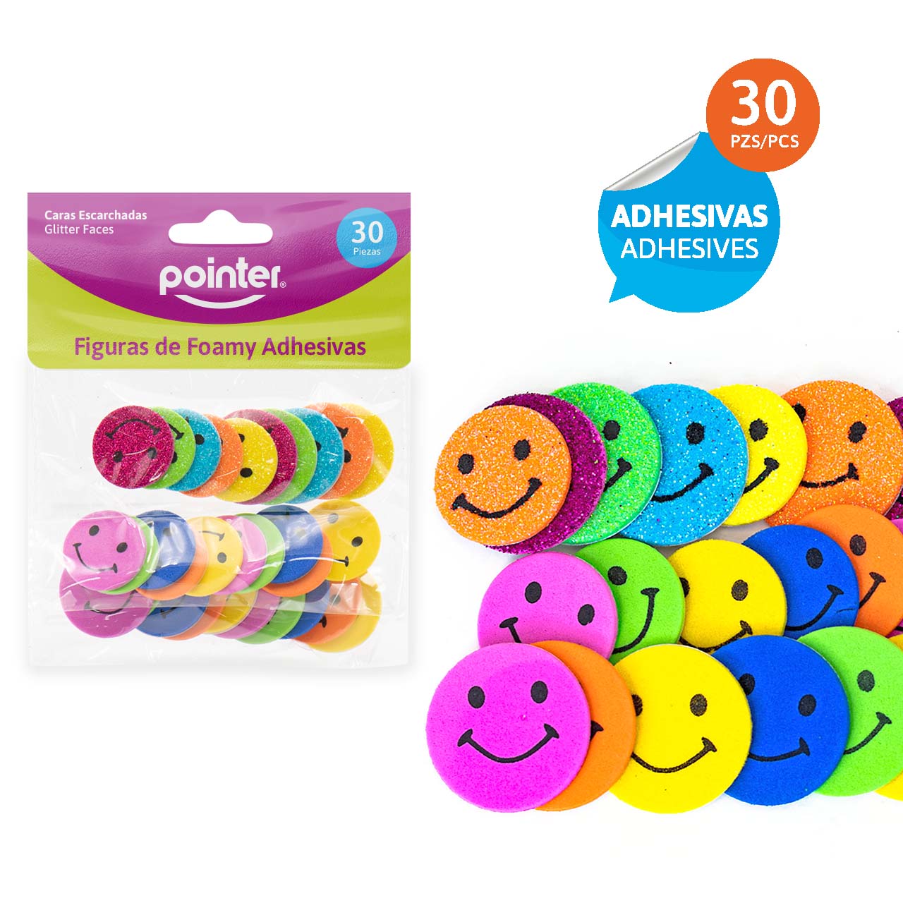 Figuras de Foamy Adhesivas Caritas Escarchadas – Set x30