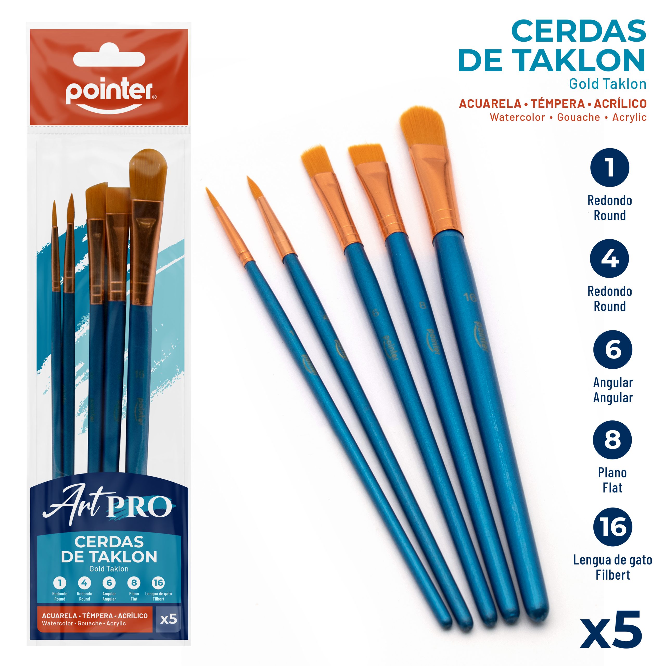 Pinceles Artísticos Pointer Art Pro – Cerdas de Taklon Gold (Set x5)