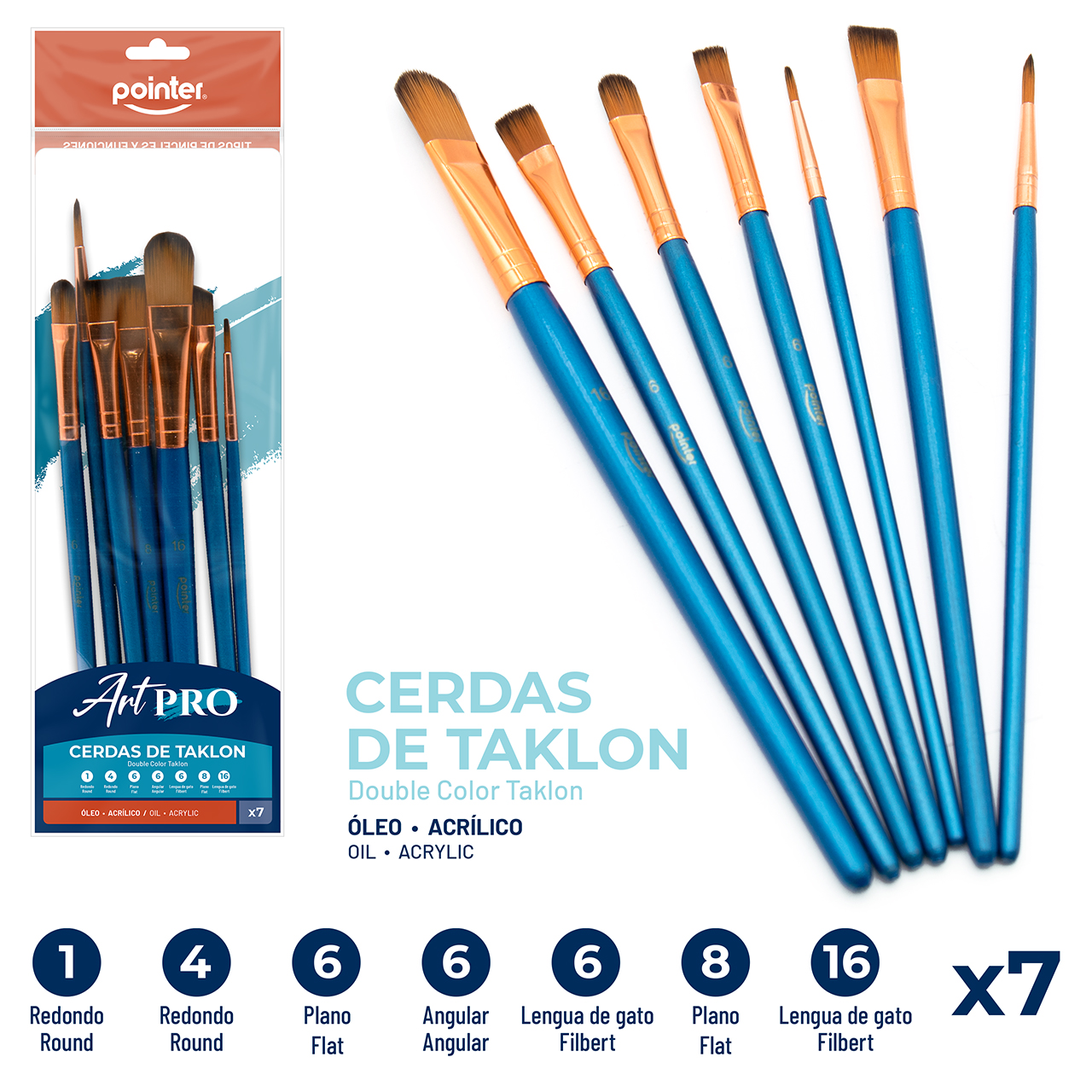 Pinceles Artísticos Pointer Art Pro – Cerdas de Taklon Double Color (Set x7)