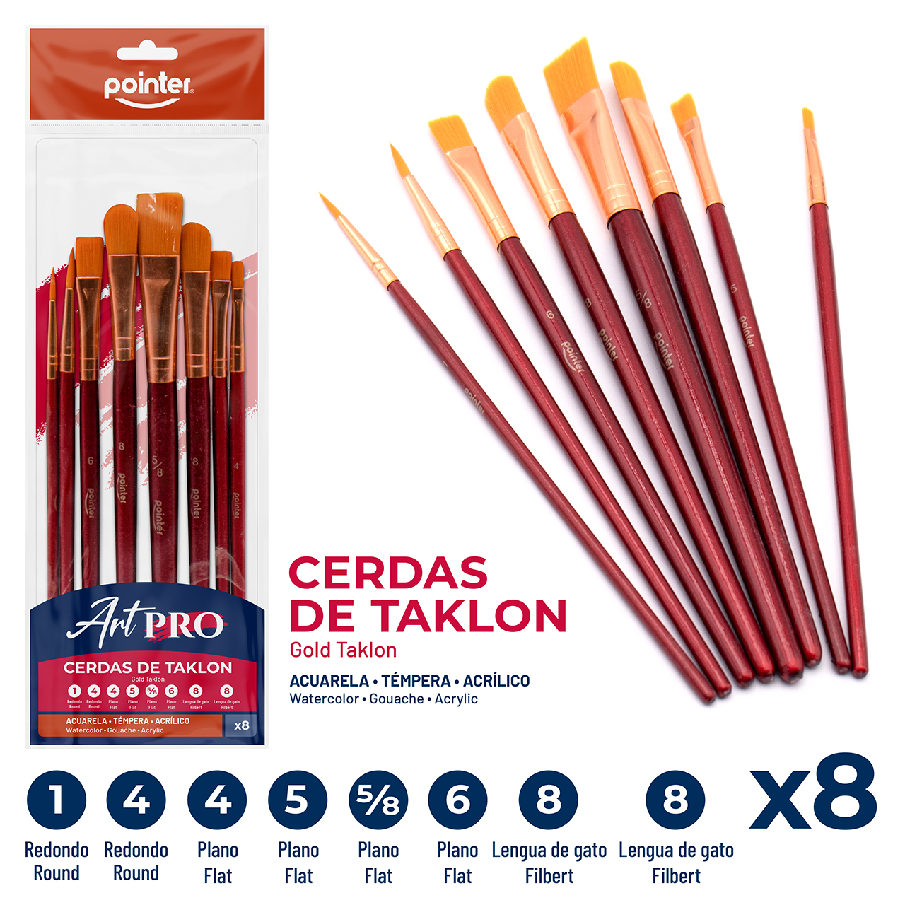 Pinceles Artísticos Pointer Art Pro – Cerdas de Taklon Gold (Set x8)
