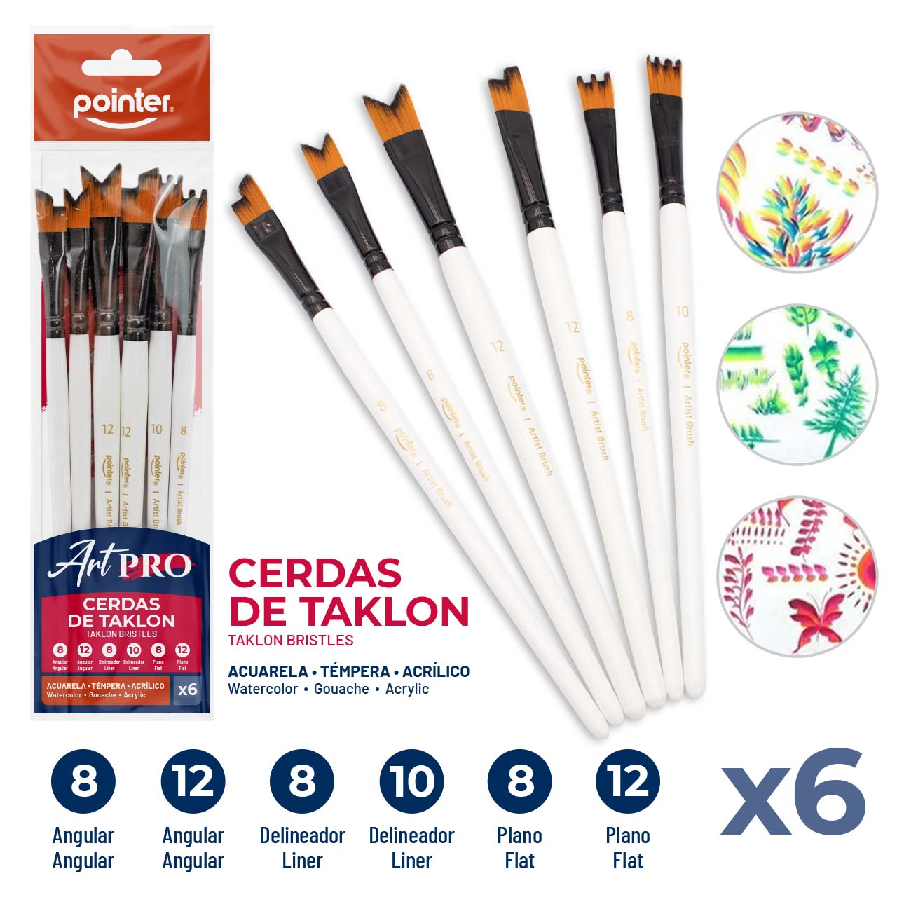 Pinceles Artísticos Pointer Art Pro – Cerdas de Taklon (Set x6)