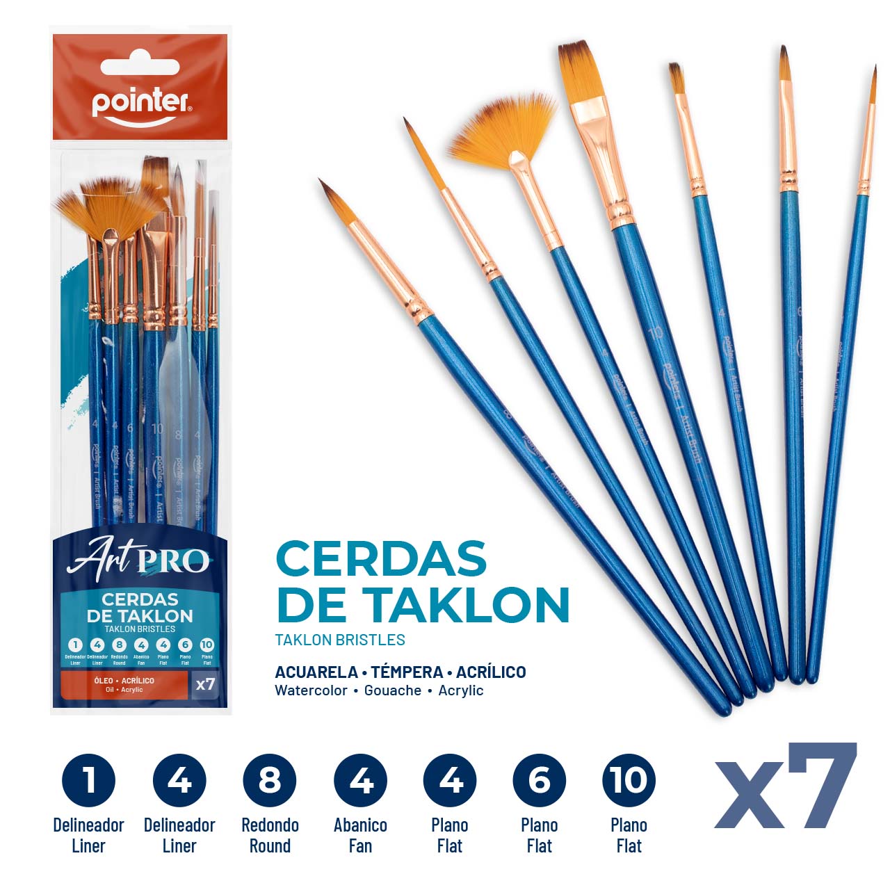 Pinceles Artísticos Pointer Art Pro – Cerdas de Taklon (Set x7)