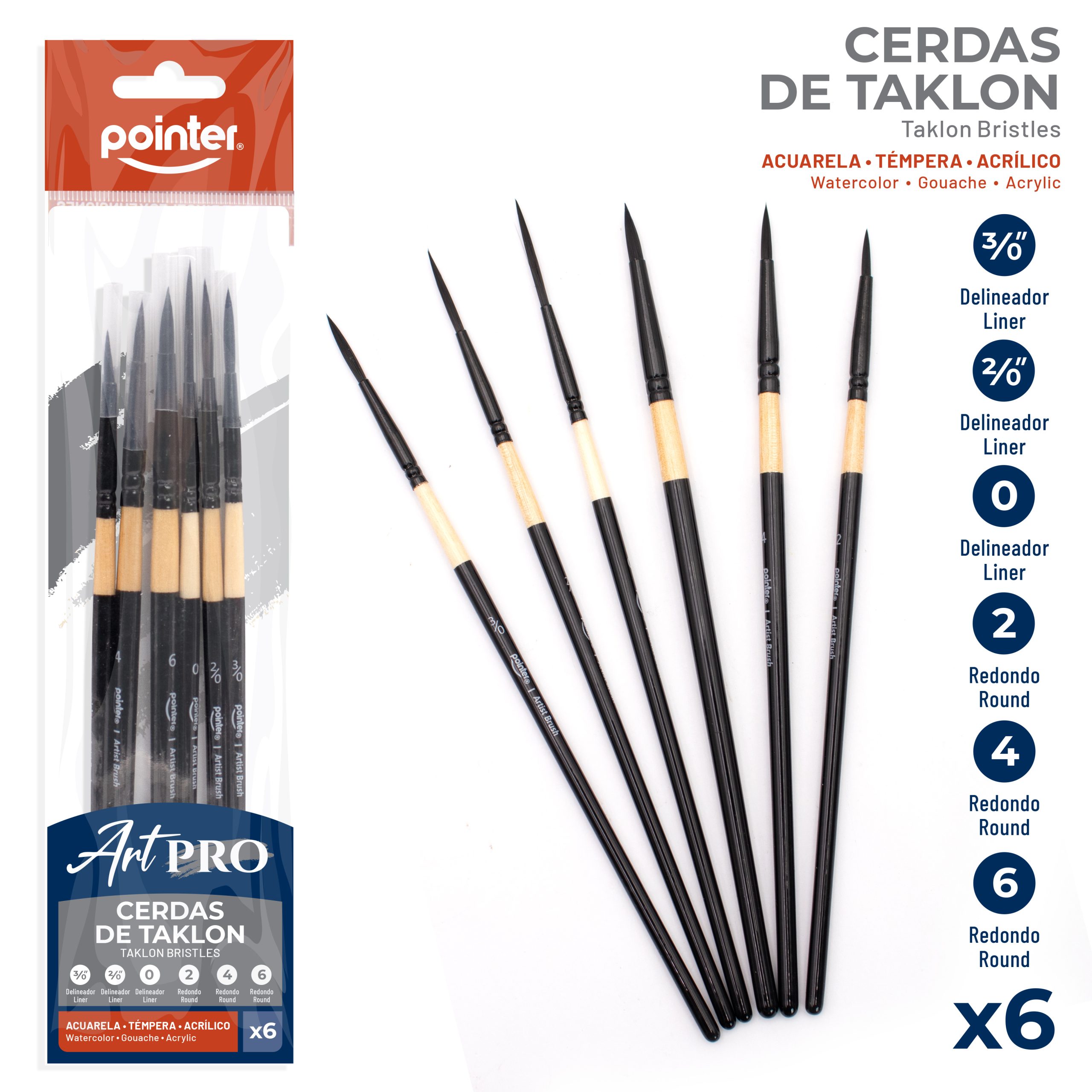 Pinceles Artísticos Pointer Art Pro – Cerdas de Taklon (Set x6)