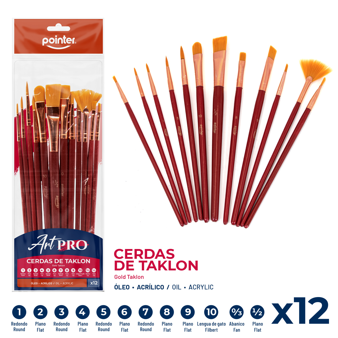 Pinceles Artísticos Pointer Art Pro – Cerdas de Taklon Gold (Set x12)