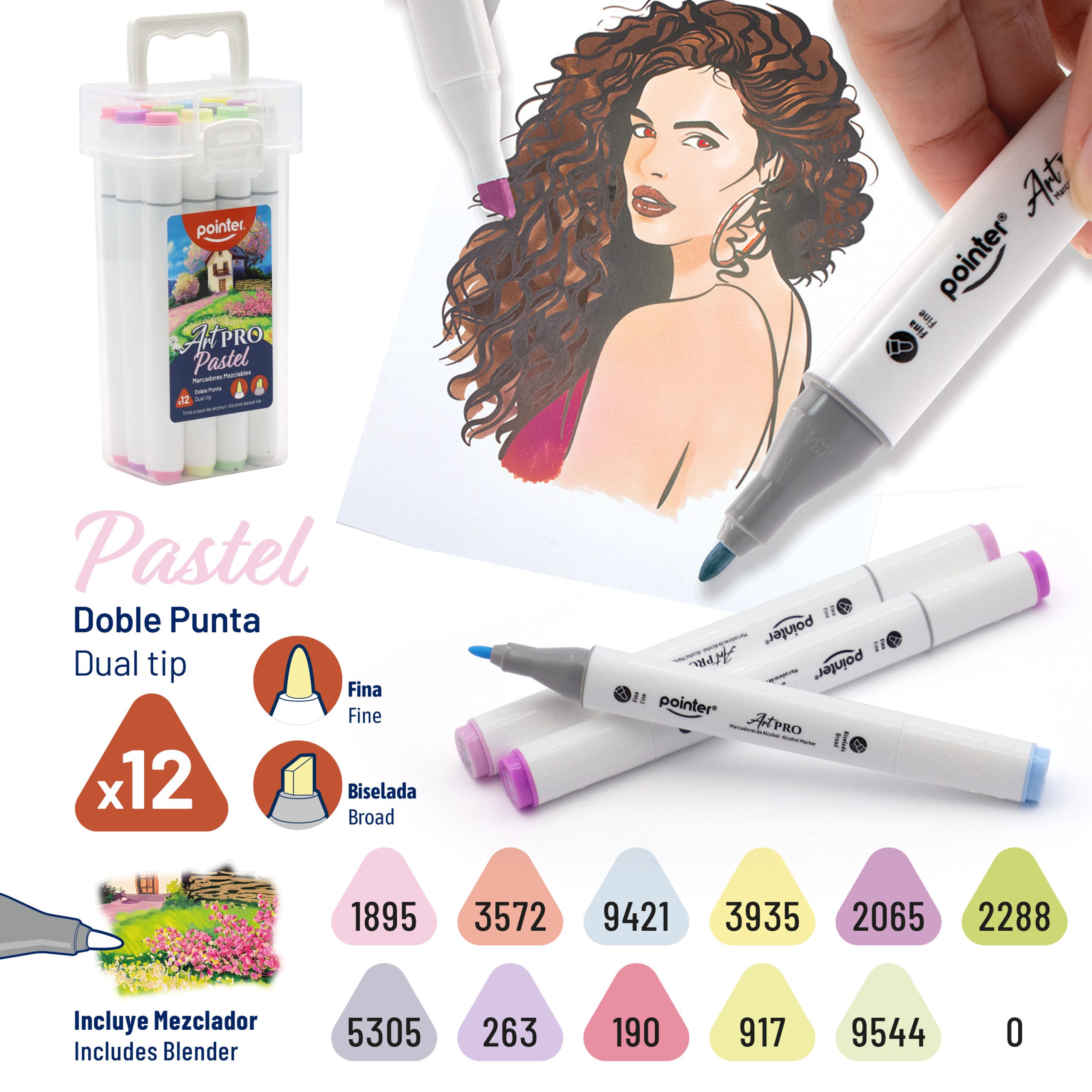 Marcadores Artísticos Pastel Doble Punta Pointer Art PRO – Set x12 con Mezclador