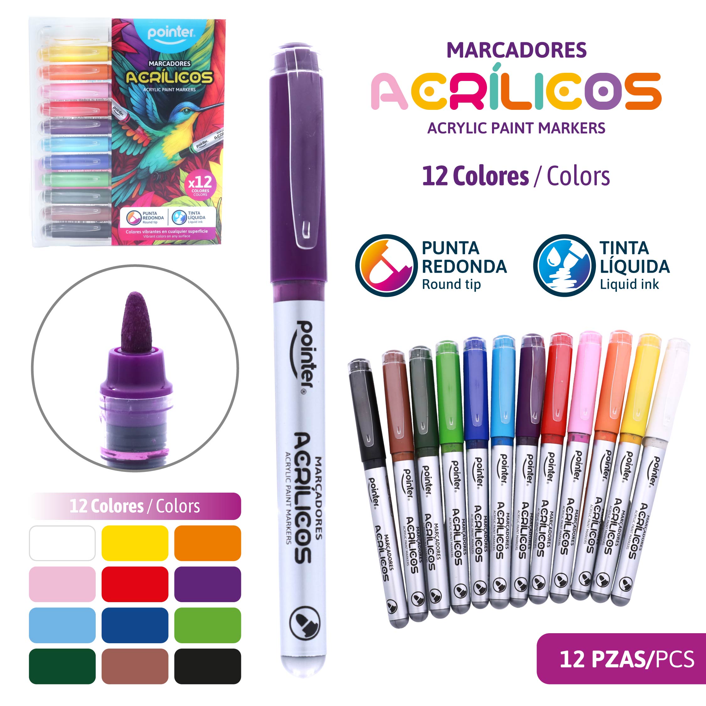 Marcadores Acrílicos Pointer – Set de 12 Colores