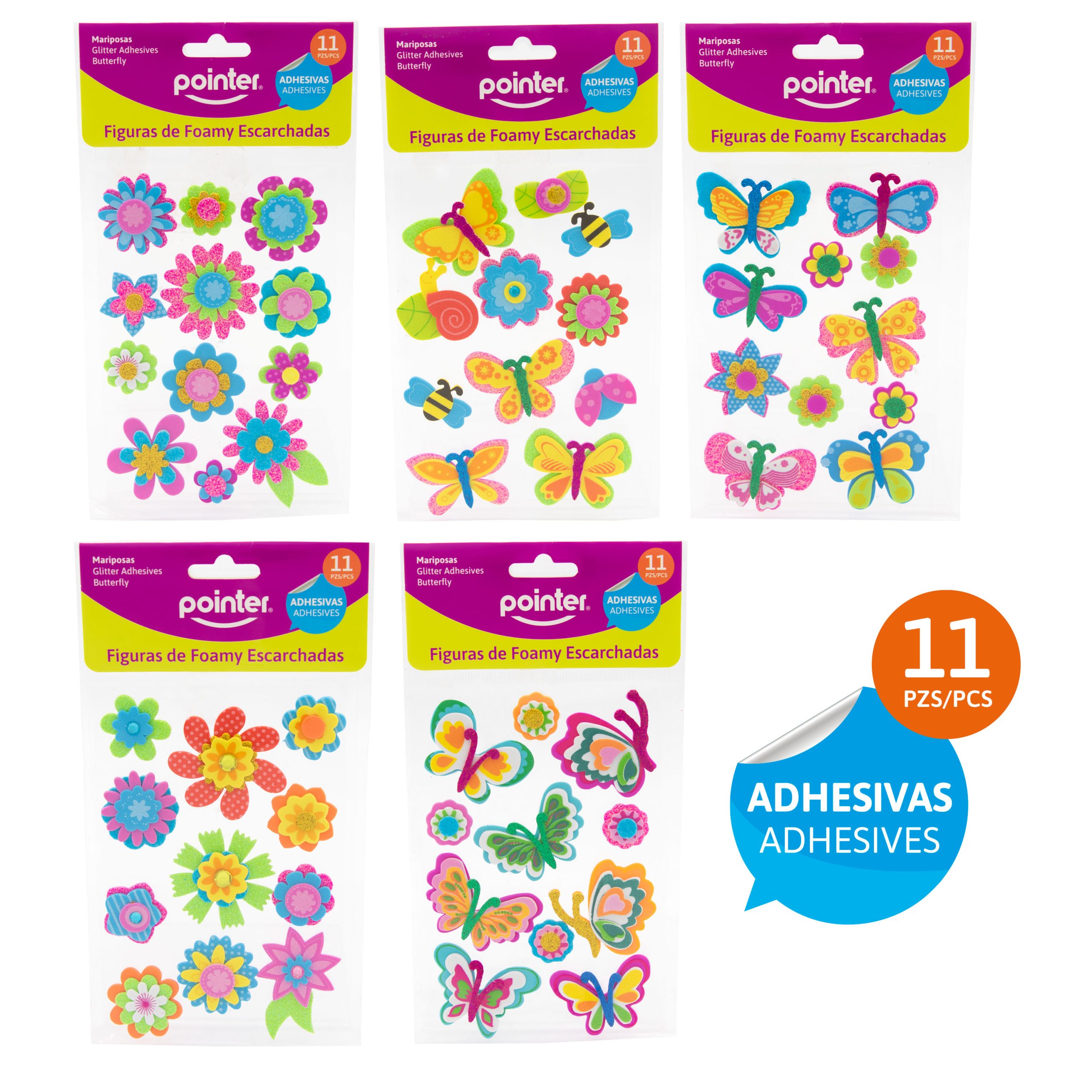 Figuras de Foamy Escarchadas Adhesivas – Mariposas y Flores (11 Piezas)