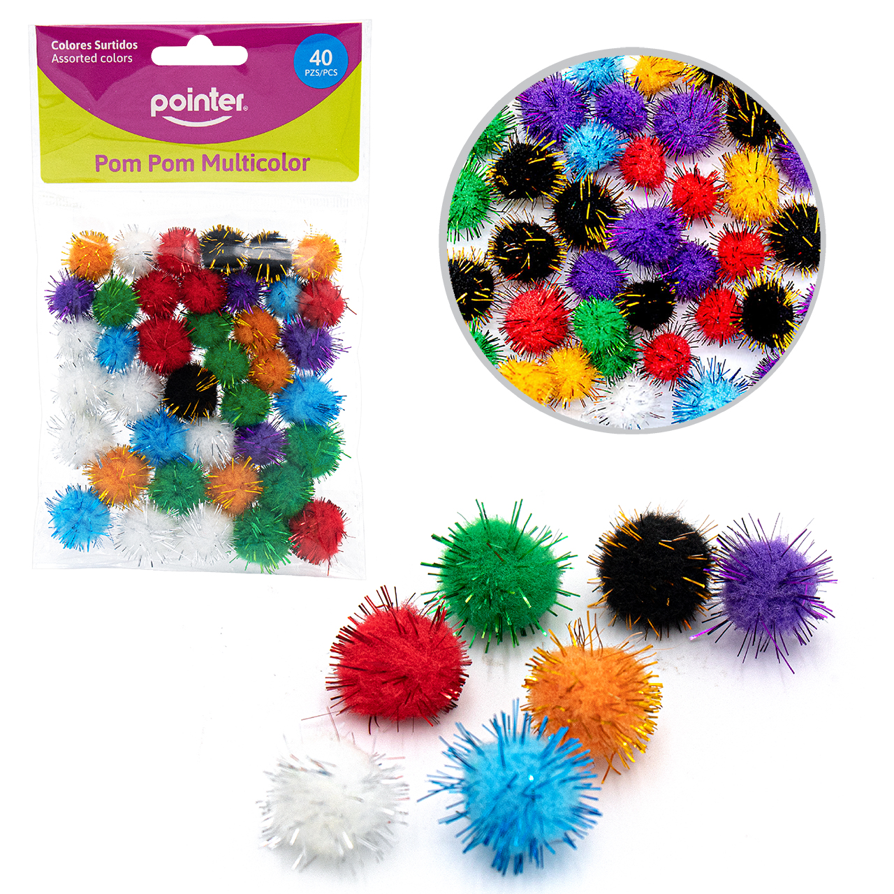 Pom Pom Multicolor con Brillo – Set de 40 Piezas