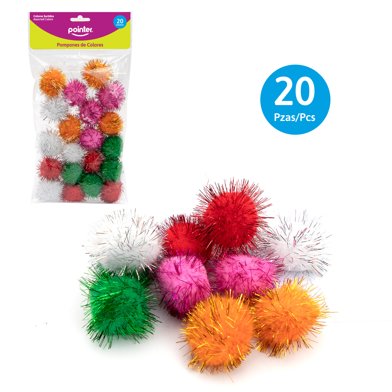 Pompones de Colores con Brillo – Set de 20 Piezas