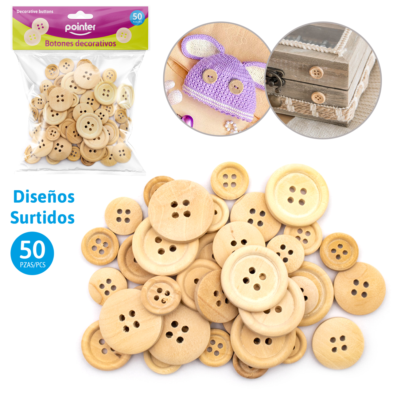 Botones Decorativos de Madera – Diseños Surtidos (50 Piezas)