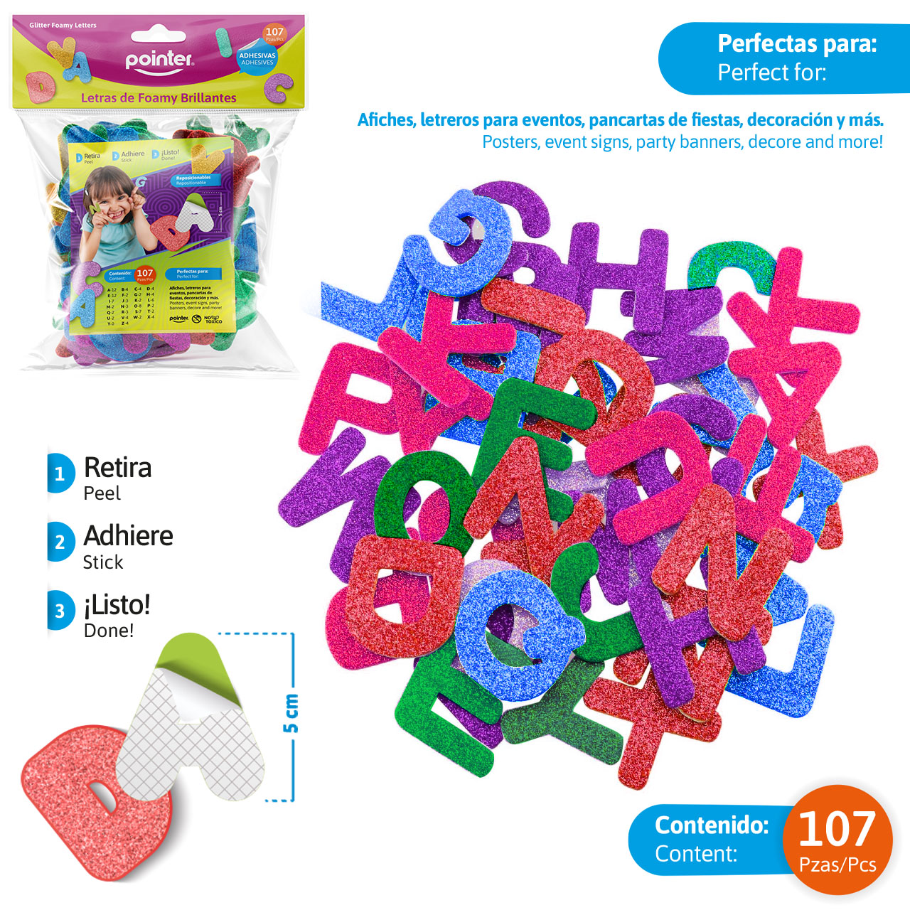 Letras de Foamy Brillantes Adhesivas Multicolor – Set de 107 Piezas