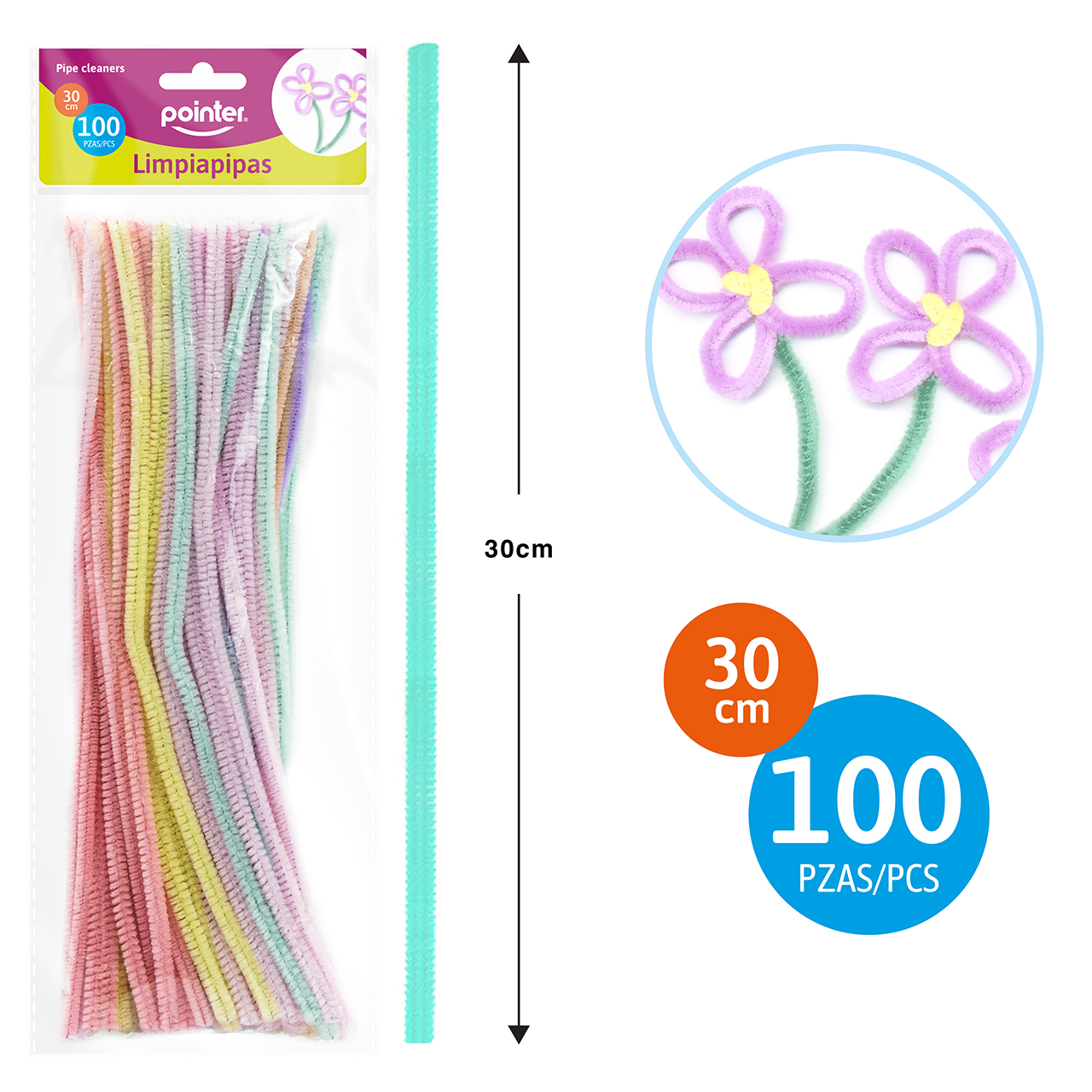 Limpiapipas Pointer Colores Pastel – 30 cm (Paquete de 100 Piezas)