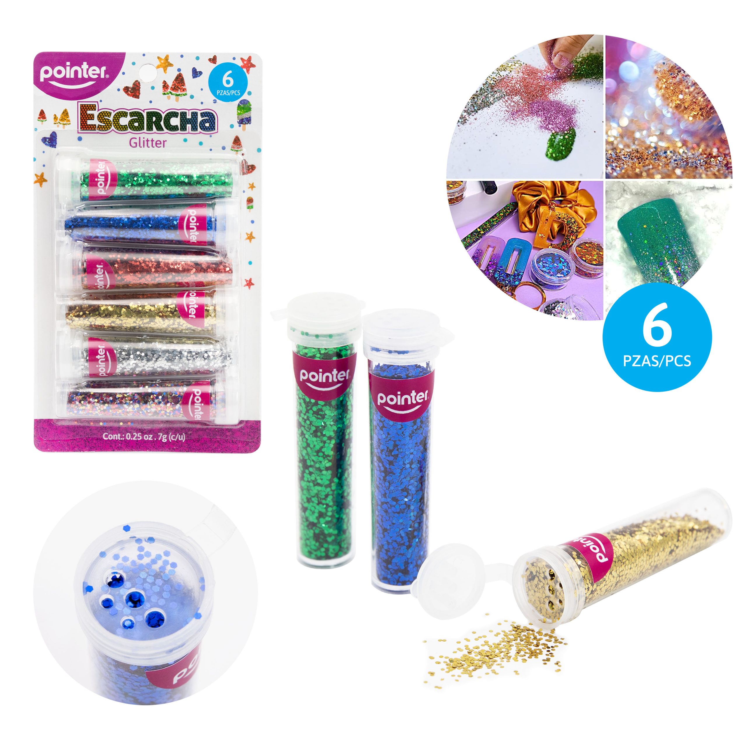 Escarcha Glitter Pointer – Set de 6 Tubos de Colores Surtidos