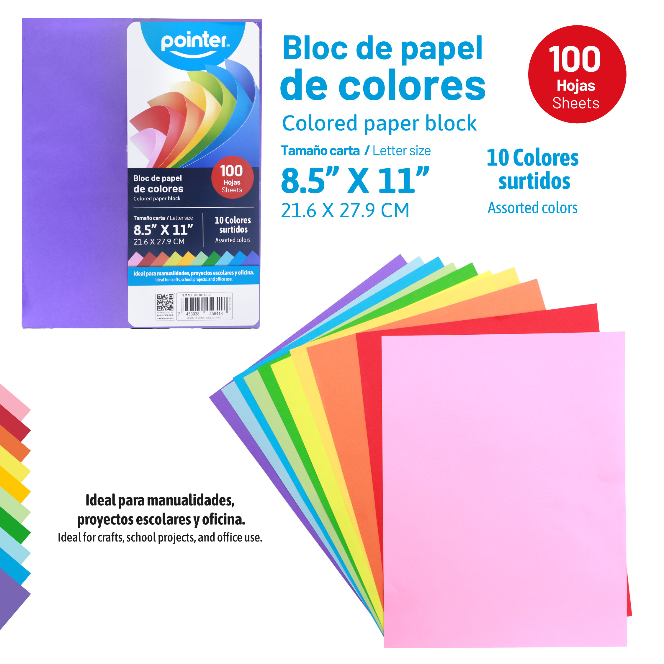 Bloc de Papel de Colores Tamaño Carta – 100 Hojas Pointer