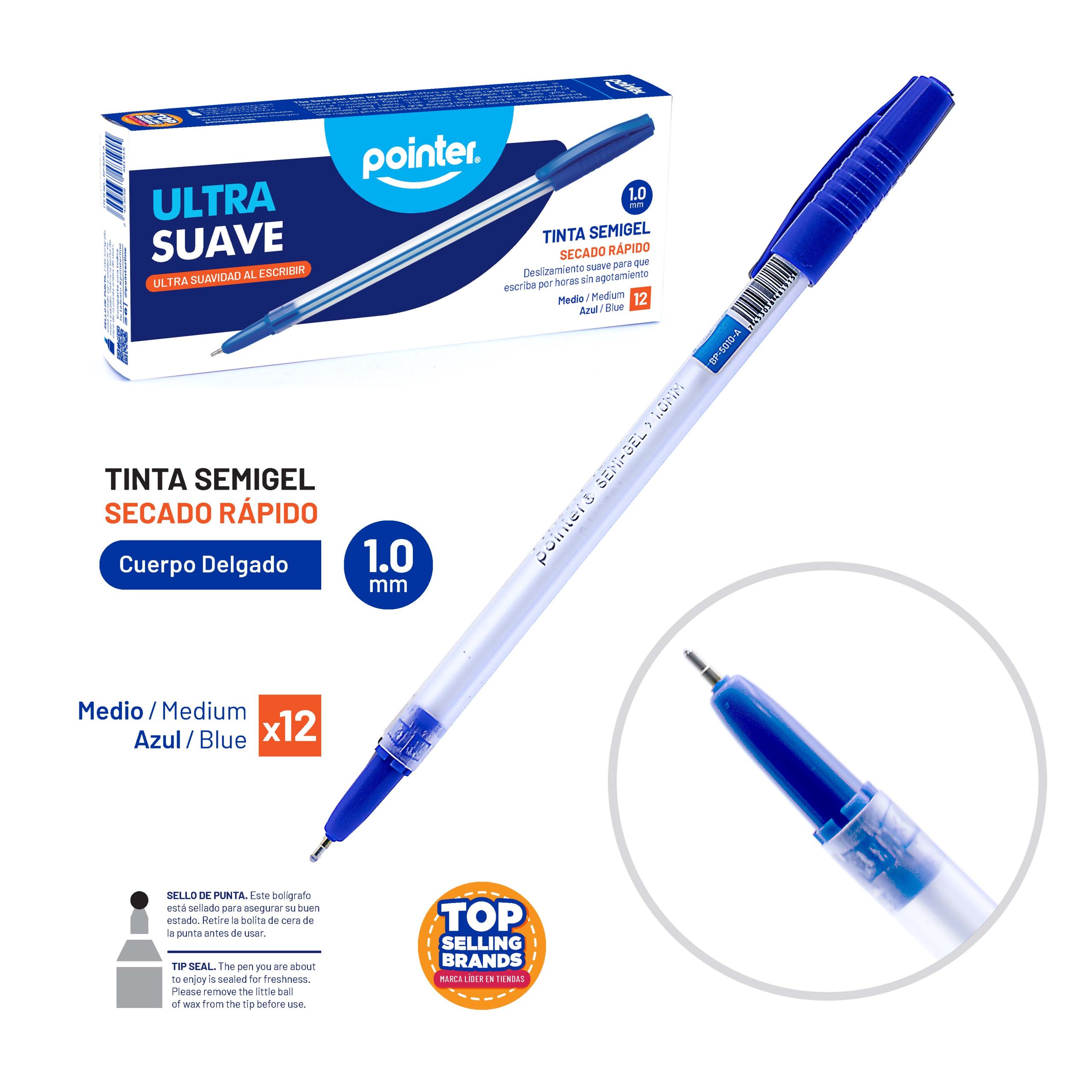 Bolígrafo Ultra Suave – Tinta Semigel – Punta 1.0 mm Azul (Pack 12 PCS) Pointer