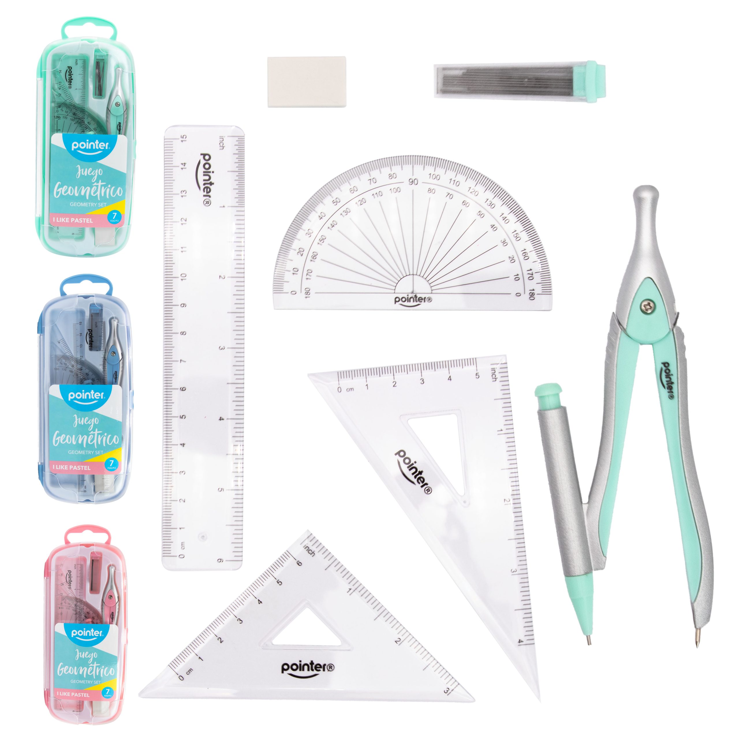 Juego Geométrico Escolar 7 Piezas – Estuche Pastel Pointer