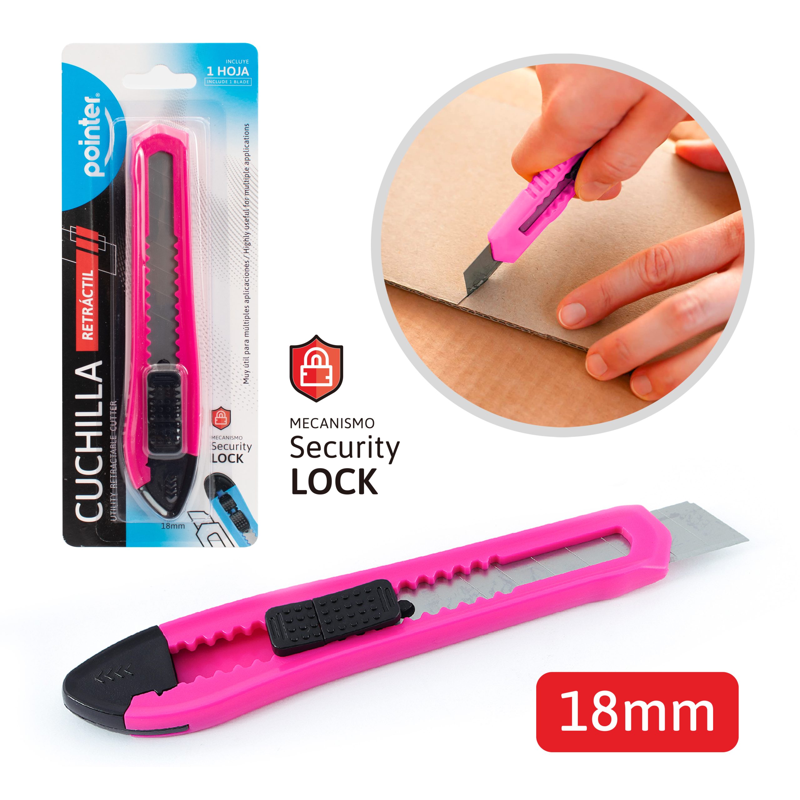 Cuchilla Retráctil 18 mm con Seguro de Seguridad Pointer