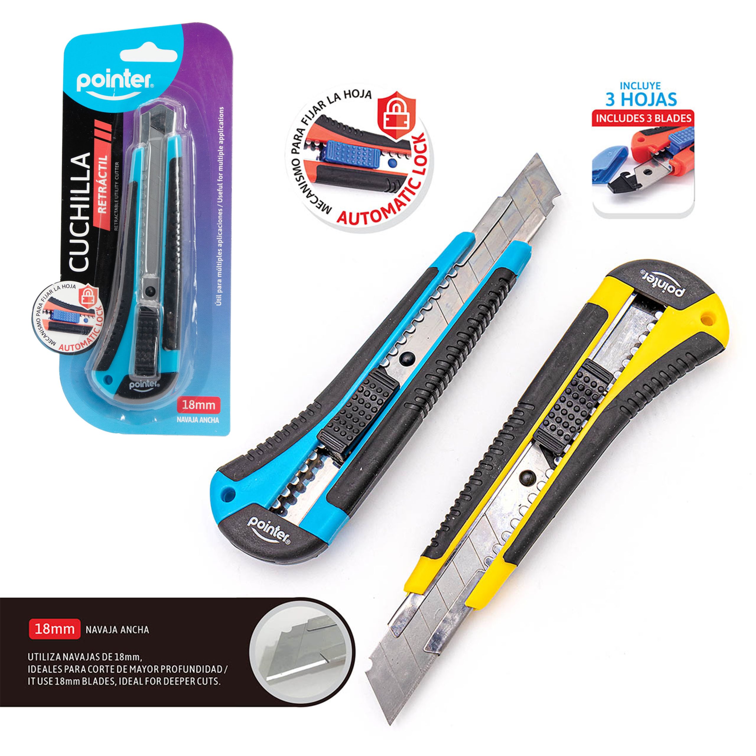 Cuchilla Retráctil 18 mm con Bloqueo Automático Pointer