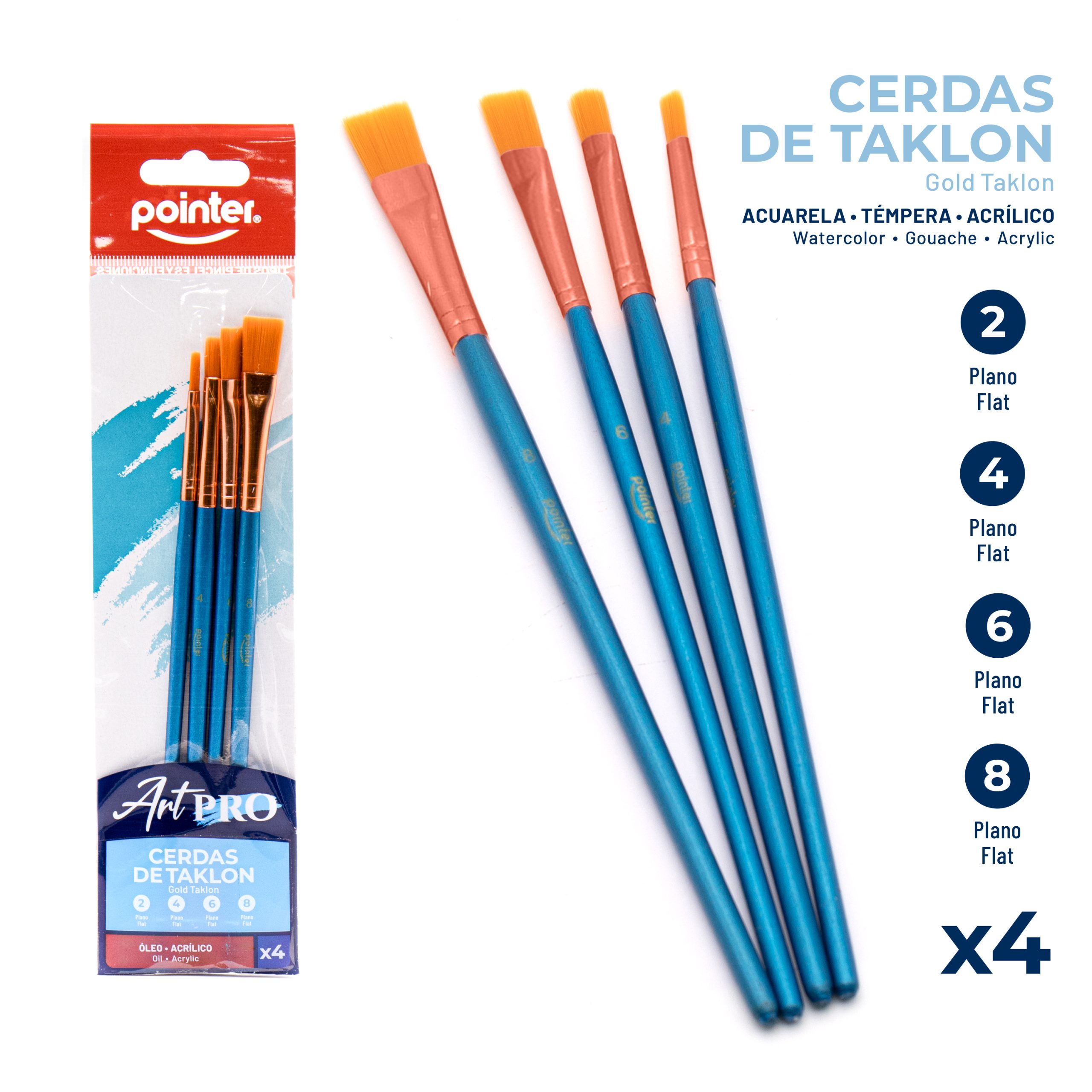 Pinceles Artísticos Pointer Art Pro – Cerdas de Taklon Gold (Set x4)