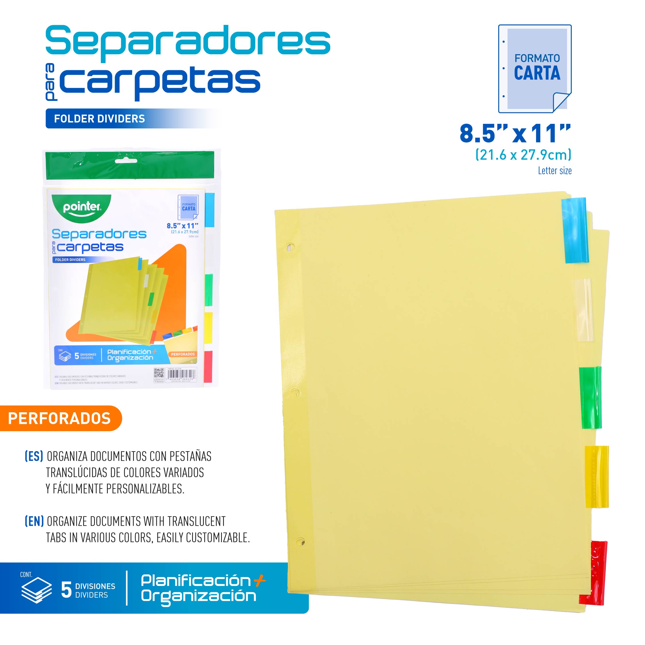 Separadores para Carpetas con Pestañas Translúcidas – Tamaño Carta 8.5” × 11” (5 Divisiones)