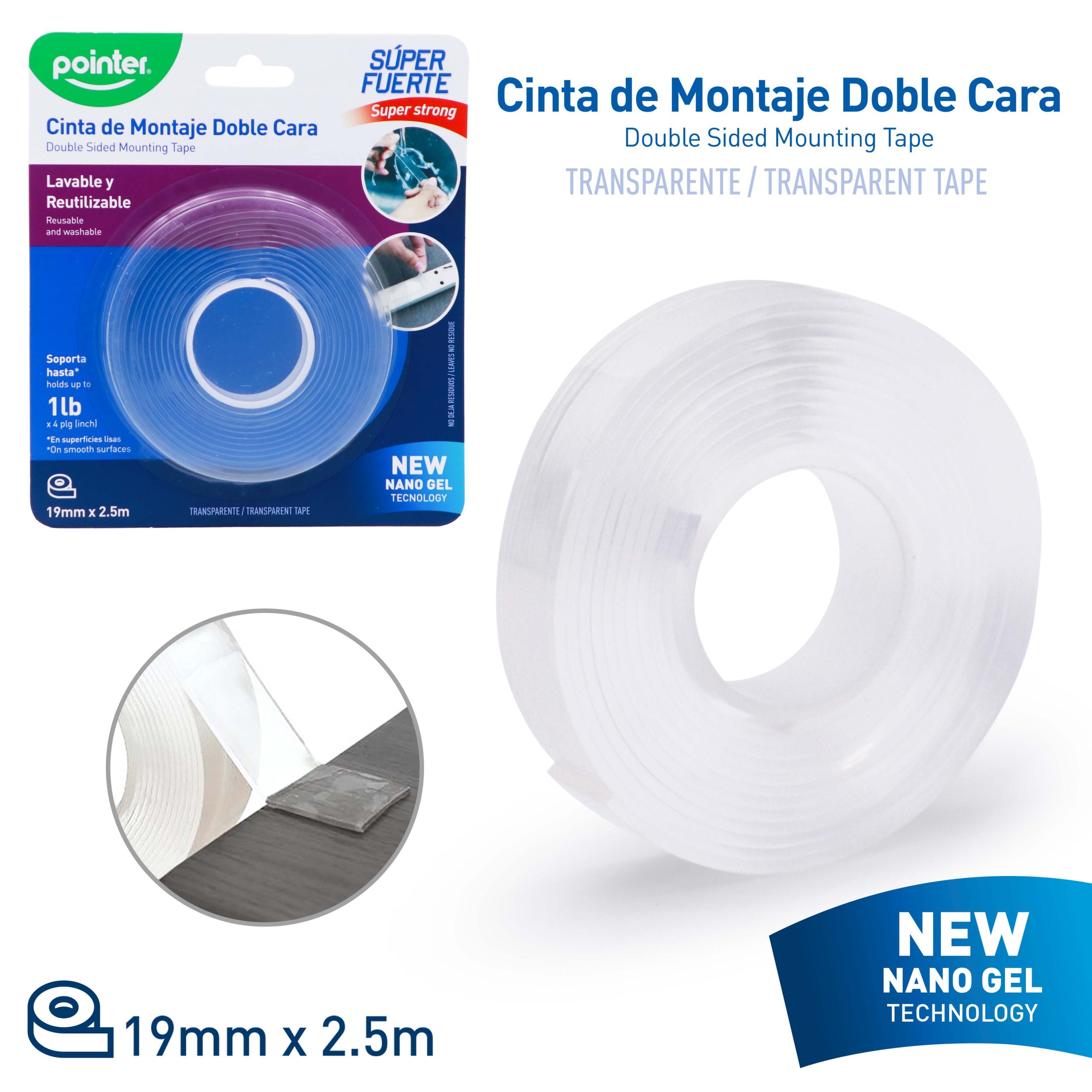 Cinta de Montaje Doble Cara Pointer Súper Fuerte Nano Gel Transparente 19mm x 2.5m