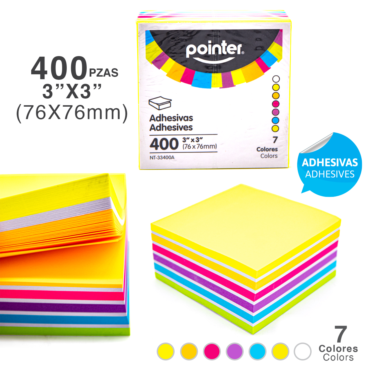 Notas Adhesivas Pointer 3” x 3” – Pack de 400 Hojas Multicolor