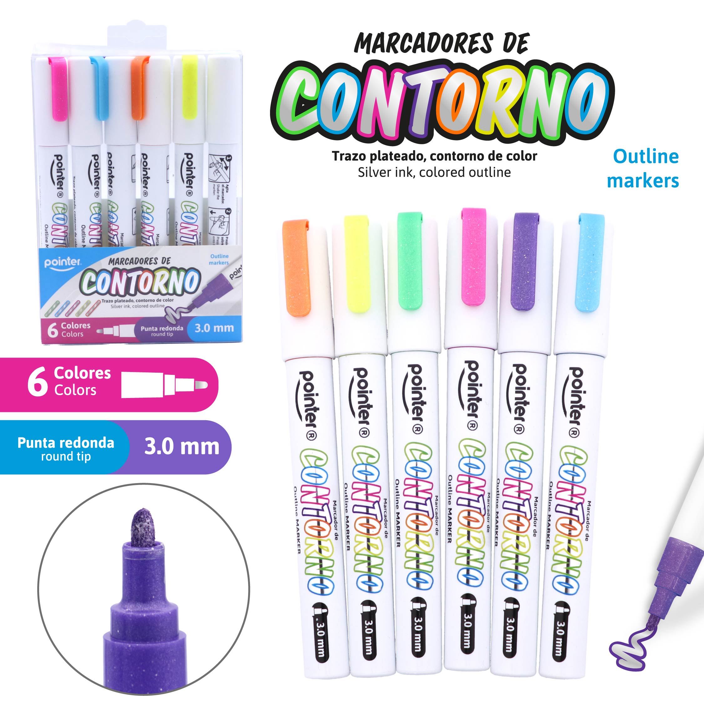 Marcadores de Contorno Pointer – Set de 6 colores