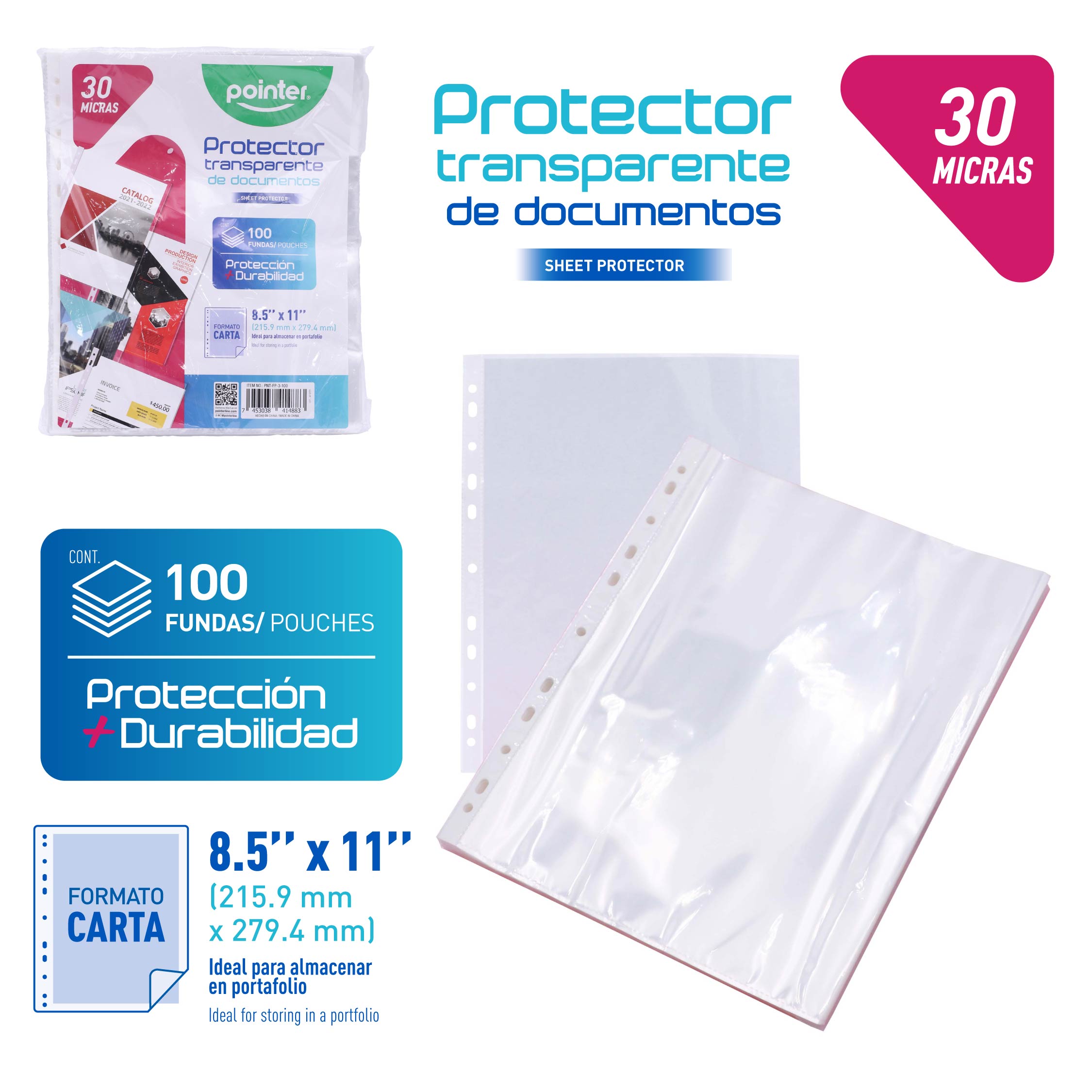 Protector Transparente de Documentos Pointer – 30 Micras (100 Fundas)