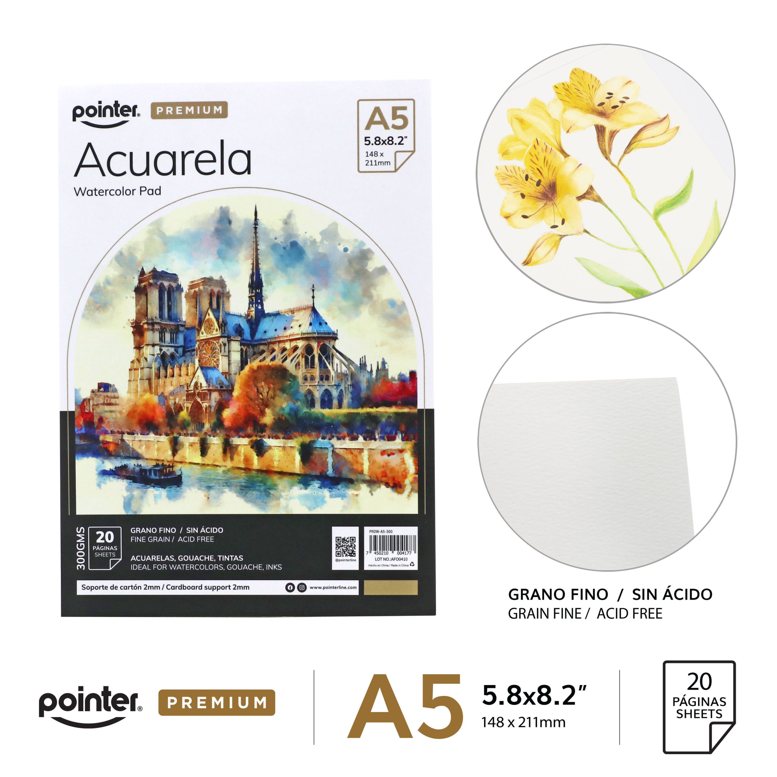 Block de Acuarela Premium A5 – 300g/m² (20 hojas) Pointer