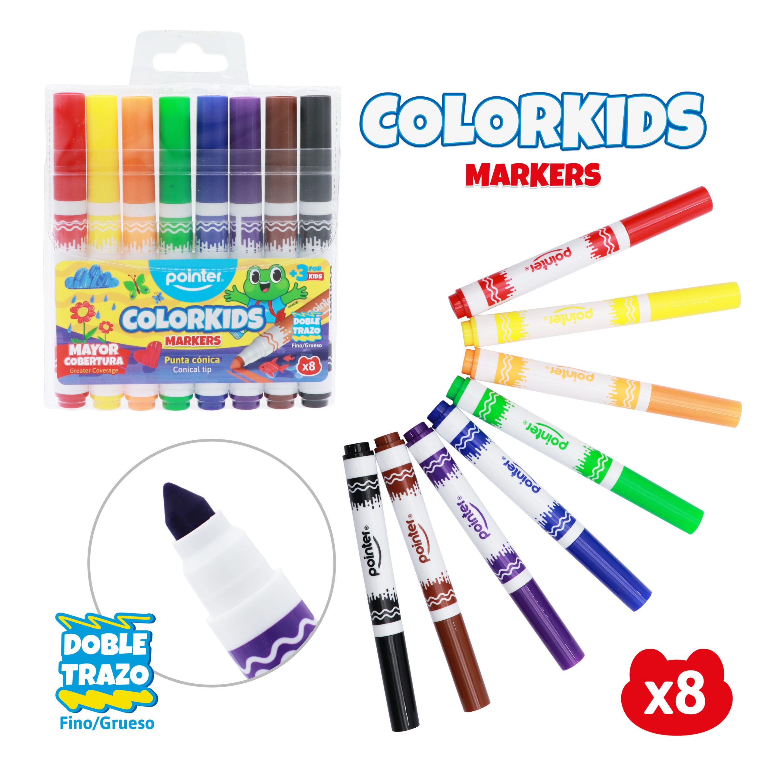 Marcadores Pointer Colorkids – Set de 8 Colores con Punta Cónica Doble Trazo Pointer