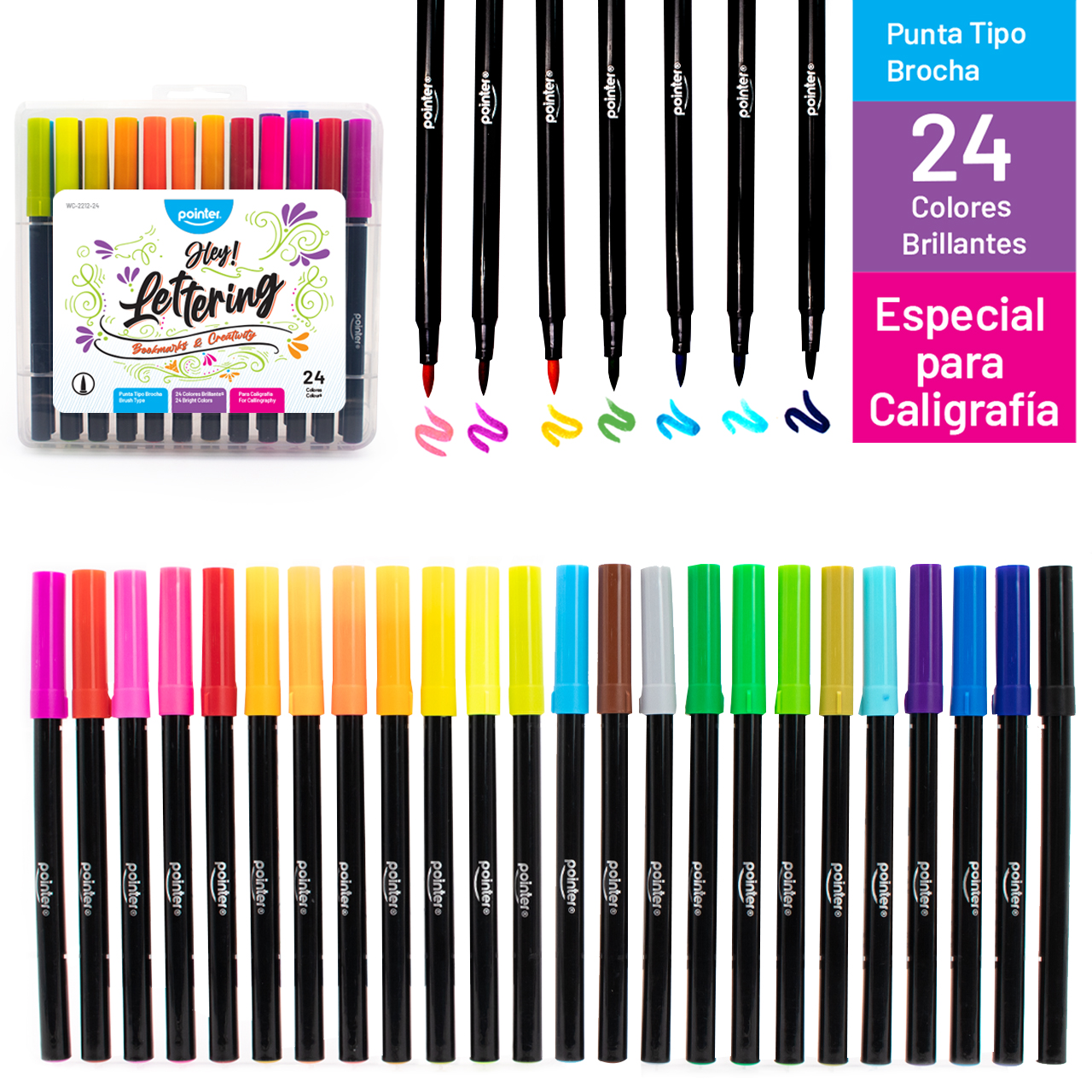 Marcadores Pointer Hey! Lettering – Set de 24 Colores Punta Brocha Pointer