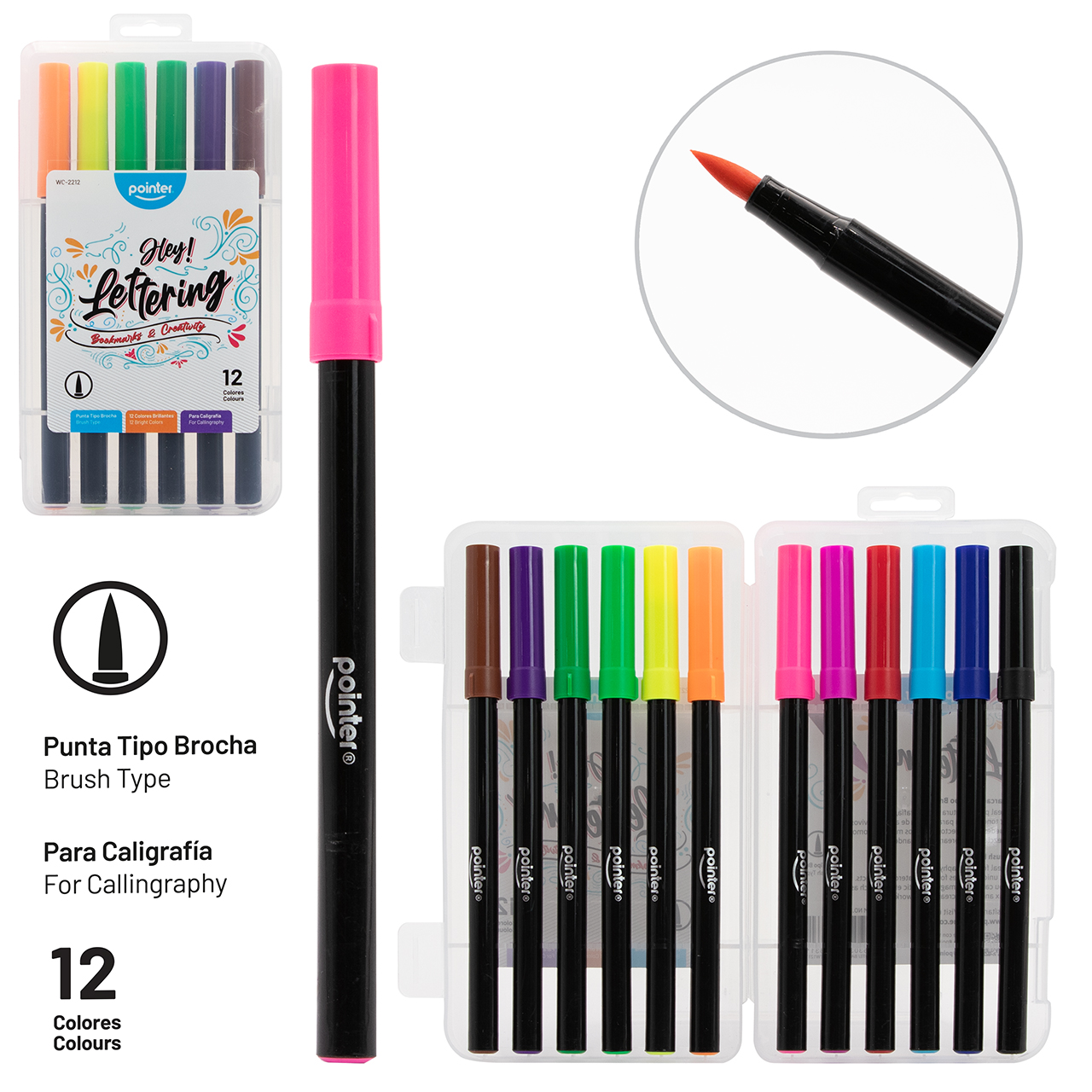 Marcadores Pointer Hey! Lettering – Set de 12 Colores Punta Brocha Pointer