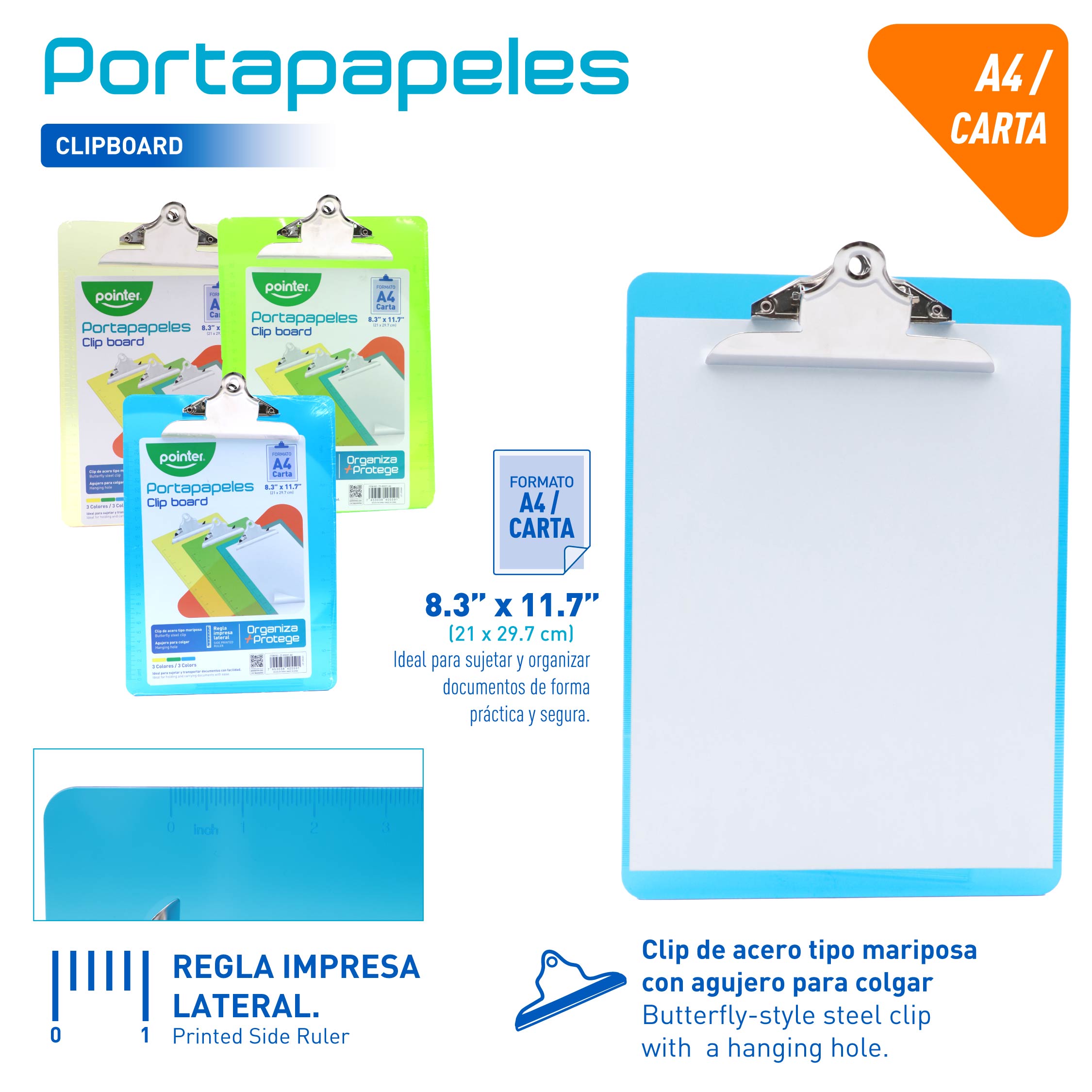 Portapapeles A4 / Carta Pointer con Clip Metálico y Regla Lateral