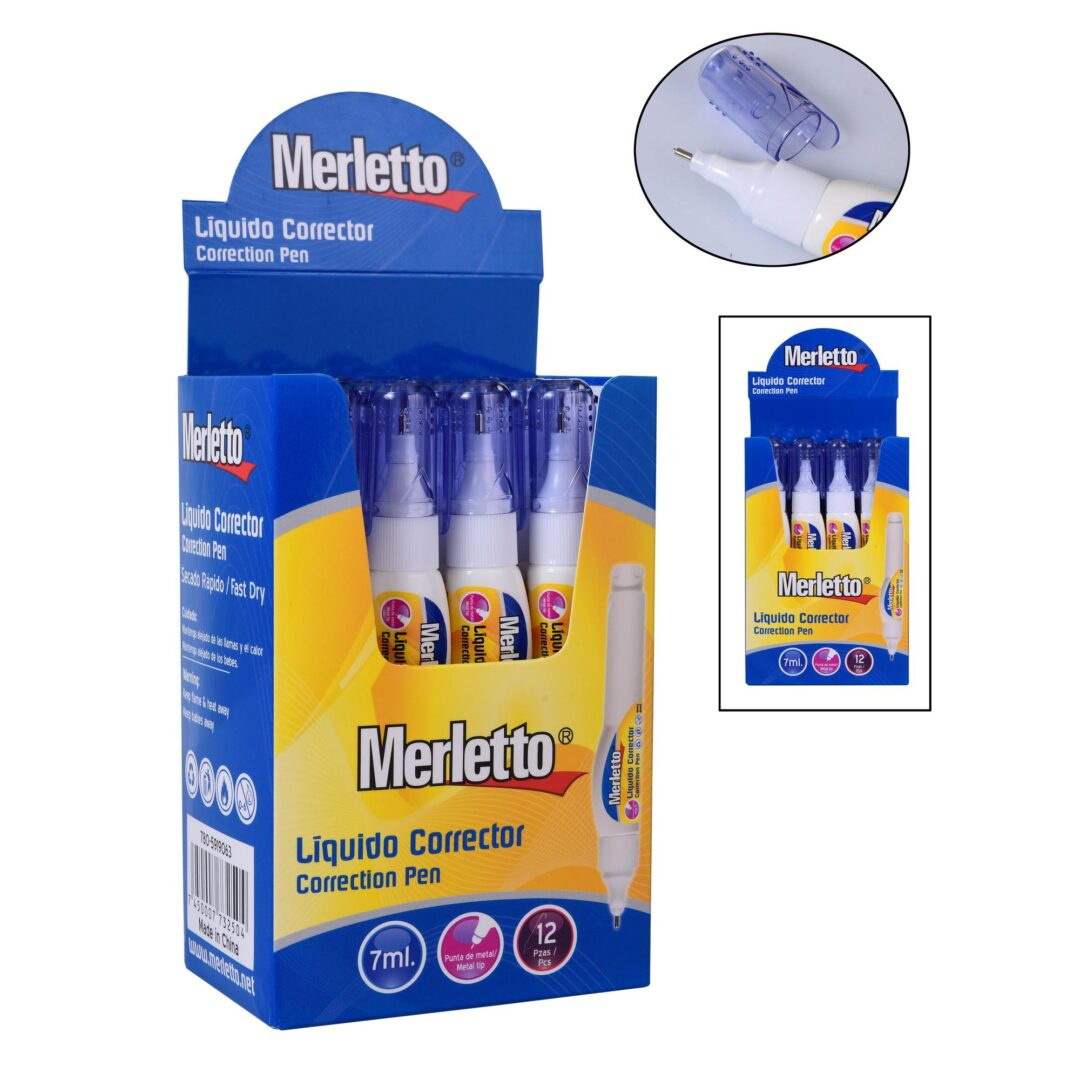 Líquido Corrector Merletto – Punta de Metal – 7ml – Display x 12 Unidades